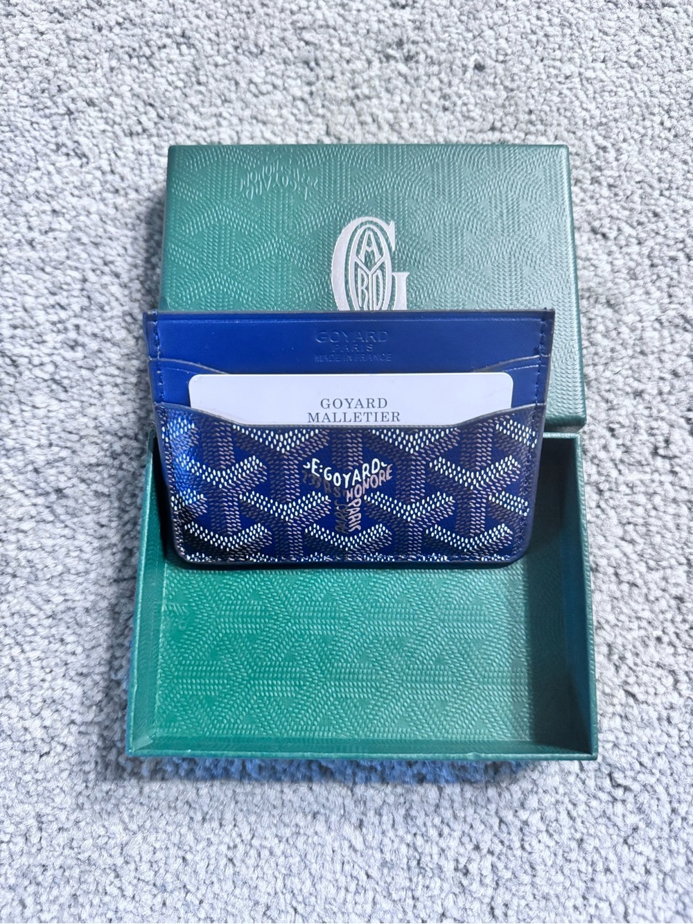Goyard Blue Chevron Card Holder with Blue Leather Trim